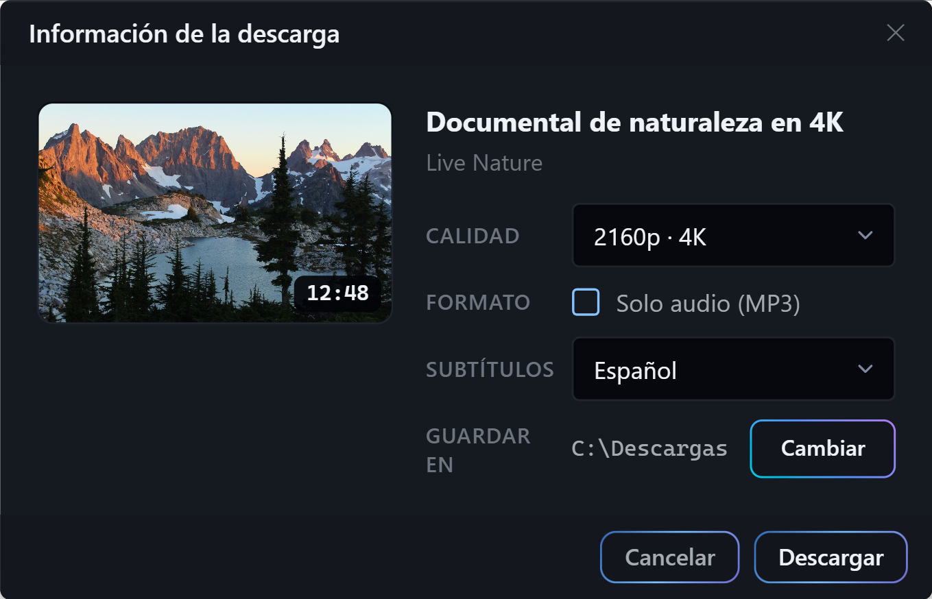 Ventana del programa con la calidad 2160p 4K seleccionada