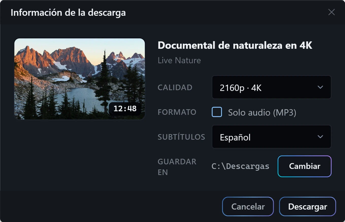 Ventana del programa con la calidad 2160p 4K seleccionada
